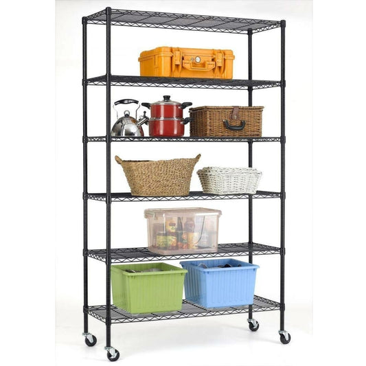 Heavy duty 6-shelf metal shelving rack 48x18x78 inches with wheels and adjustable shelves, 350 lbs capacity per shelf for garage storage
