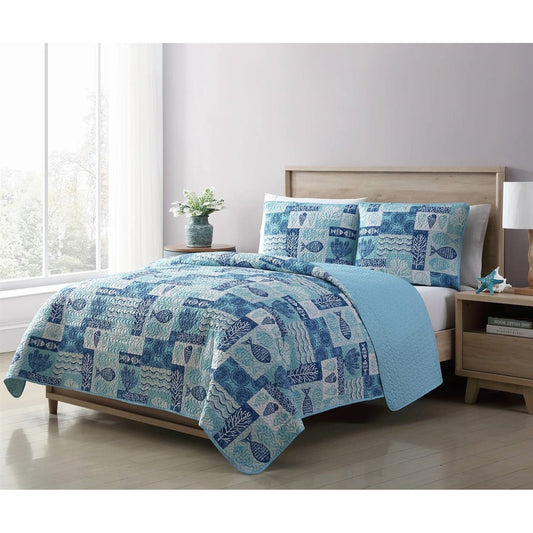 Full Queen aqua blue coastal quilt set with sea shells coral fish pattern on bed
