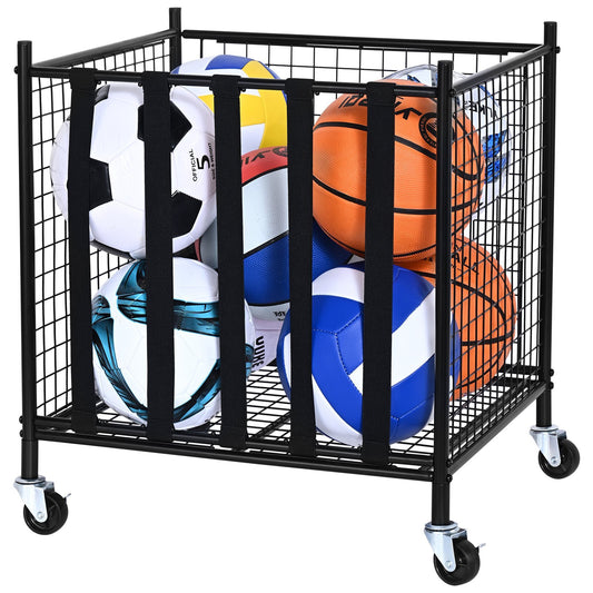 Rolling sports ball storage cart with lockable door and elastic straps, heavy-duty steel construction with wheels, perfect for organizing basketballs and sports equipment in gyms and schools
