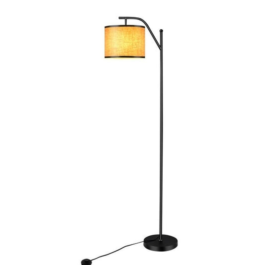 Modern floor lamp with beige fabric drum shade and sleek contemporary base featuring convenient foot switch control for easy operation
