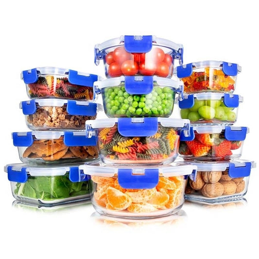 24-piece glass food storage container set snap lock lids meal prep bakeware with blue airtight covers borosilicate glass BPA-free leak-proof microwave freezer oven safe dishwasher safe
