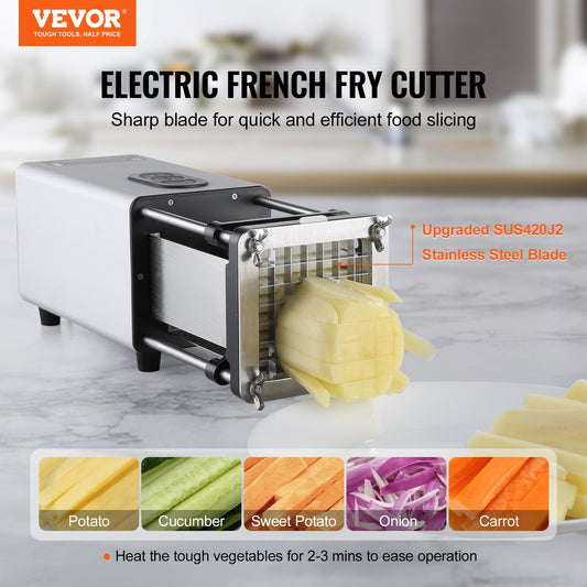 VEVOR electric french fry cutter with 58W motor and dual stainless steel blades for professional potato slicing