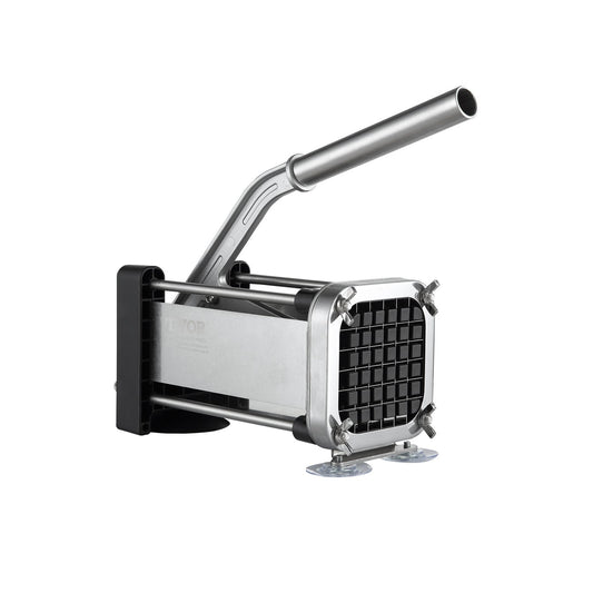 VEVOR compact french fry cutter in black and silver with dual 1/2 and 3/8 inch stainless steel blades for small kitchens
