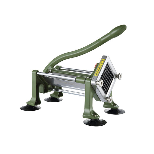 VEVOR manual french fry cutter with dual 1/2 and 3/8 inch stainless steel blades and suction cup base for home and restaurant use
