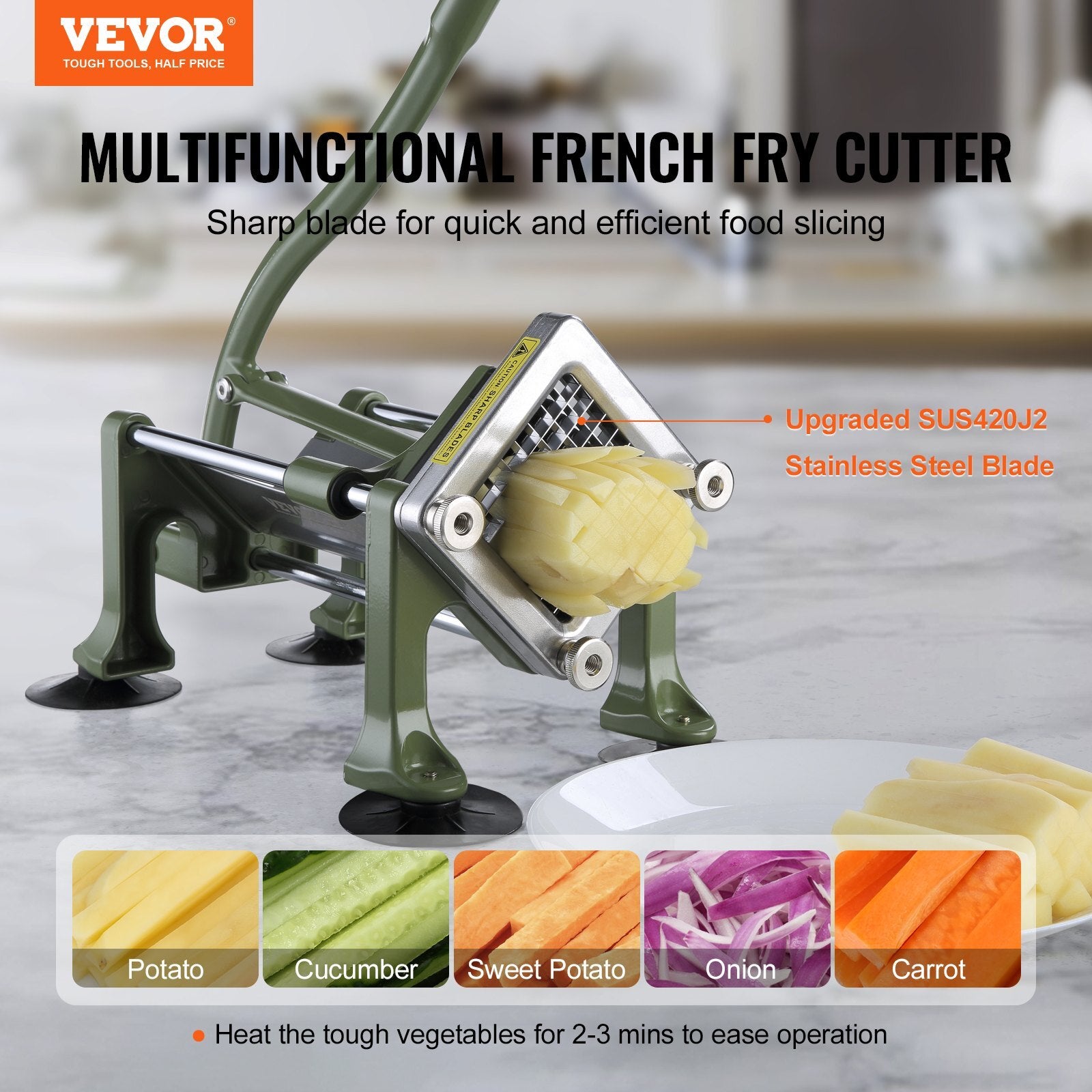 Close-up of VEVOR potato slicer showing labor-saving handle and interchangeable stainless steel cutting blades for vegetables
