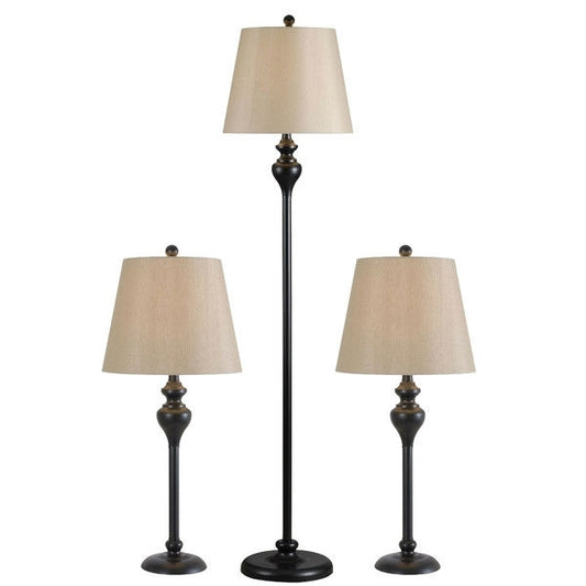 3-piece modern lamp set with black bases and light gold drum shades including one floor lamp and two table lamps for coordinated home lighting
