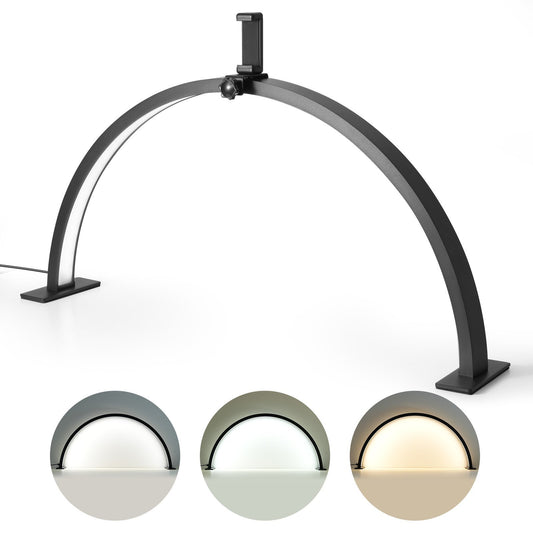 Professional VEVOR 30W LED nail desk lamp with half-moon design and phone holder, featuring adjustable brightness and color temperature controls, perfect for nail technicians and beauty professionals
