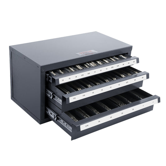VEVOR end mill dispenser cabinet 3-drawer organizer 1/8 to 1 inch steel storage 29 compartments stackable cold-rolled steel powder coating gray orange machinist tool storage workshop organization CNC tools